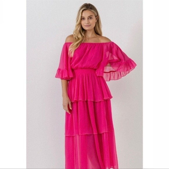 Endless Rose Chiffon Off the Shoulder Ruffle Tier Maxi Dress Size Medium - Picture 16 of 16